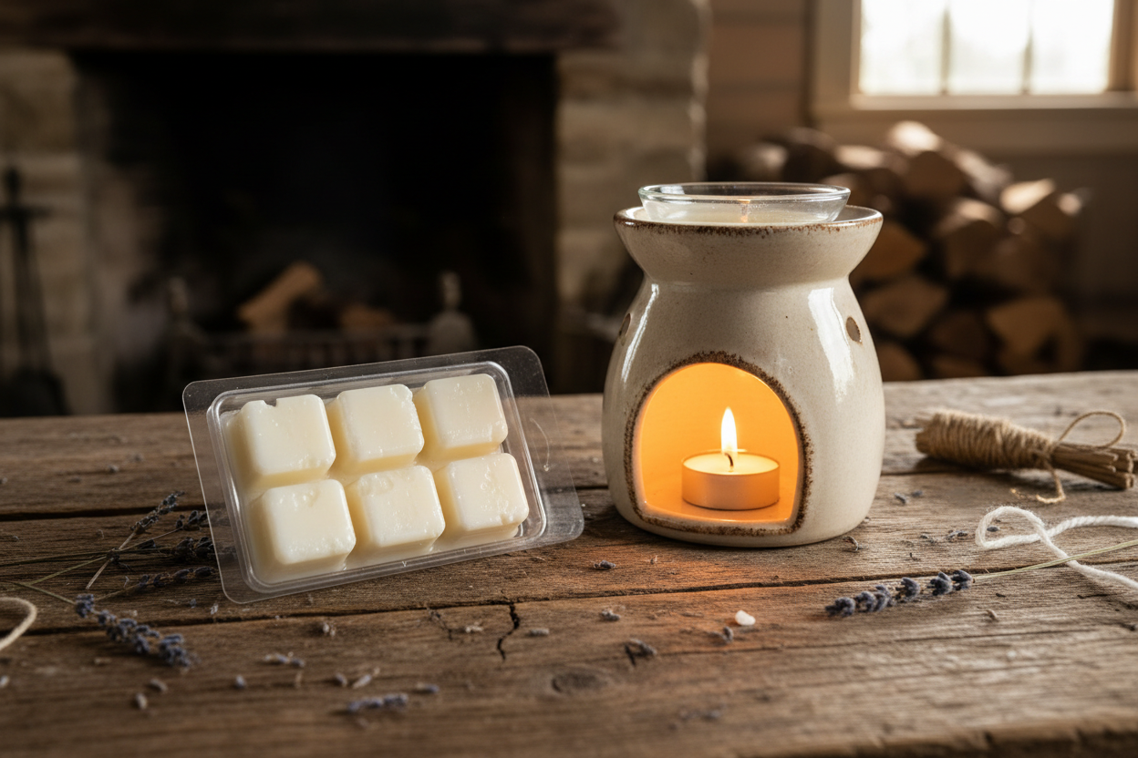 Generate an image of rustic 6 count white wax melts with a warmer